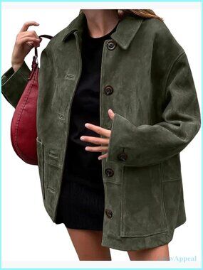 Faux Suede Leather Shacket Midi Long Button Down Jacket Relaxed Fit